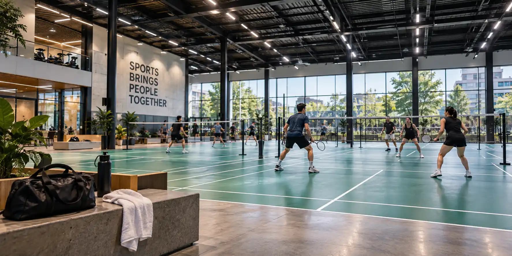 Players enjoying badminton or pickleball in a modern indoor multi-sport facility